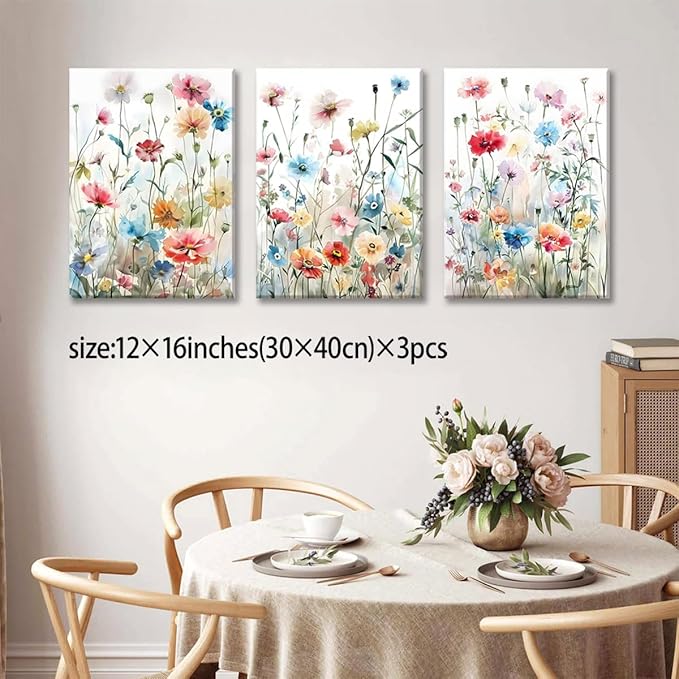 KISSFOX Framed Colorful Wildflower Canvas Wall Art Set Of 3 Flowers Pictures Prints Flowers Printing Floral Watercolors Flower wall Decor Living Room Girls Bedroom Bathroom