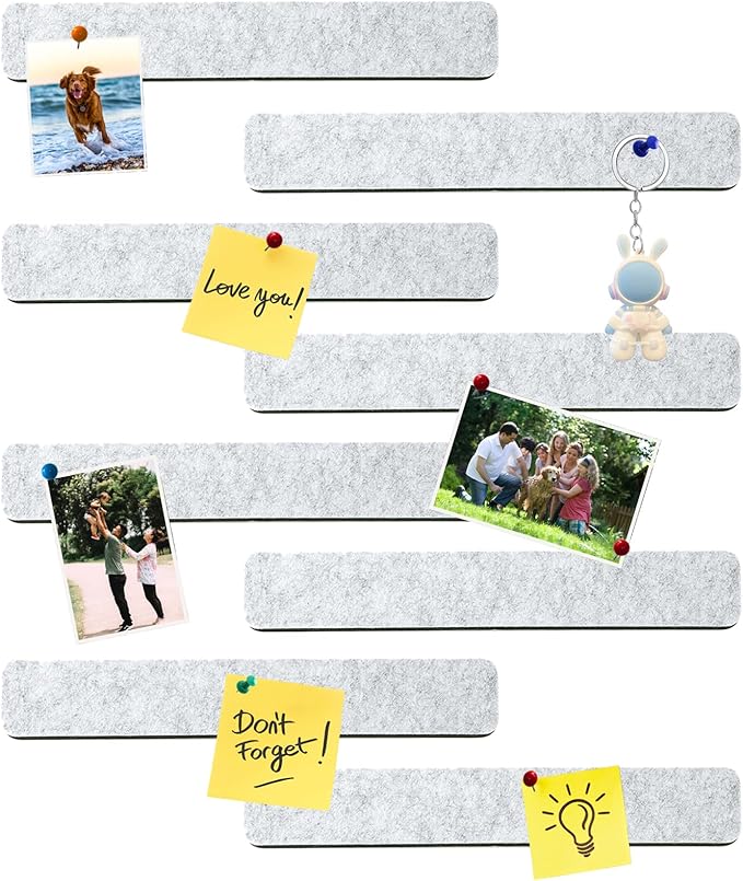 8Pcs Rectangle Felt Cork Board Bar Strips with 35 Pushpins, Self-Adhesive Bulletin Board Strips for Office School Home Wall Decor Stickers Memos Schedules Photos Display -Light Grey