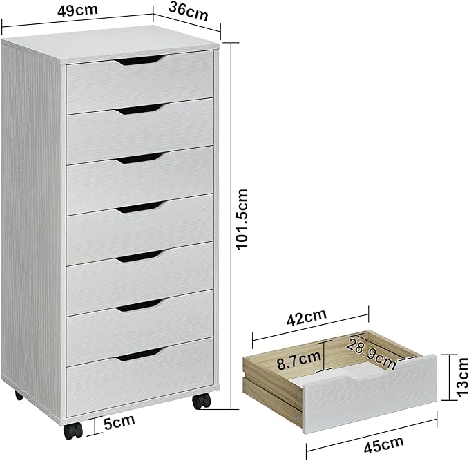 Panana 7 Drawer Mobile File Cabinet, Wooden Under Desk Storage with Wheels Office Organization Vertical Filing Chest of Drawers for Home Office (White)