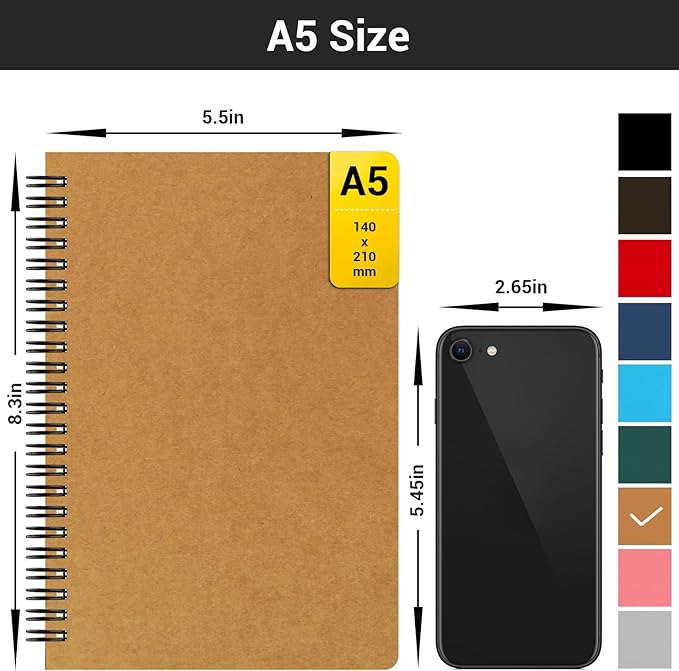 EUSOAR College Ruled Spiral Notebook, 24 Packs A5 5.5"x8.3" 120 Pages Hardcover Lined Travel Writing College Ruled Notebooks Sketchbook, Students Office Business Subject Diary Book Journal-Black,Kraft