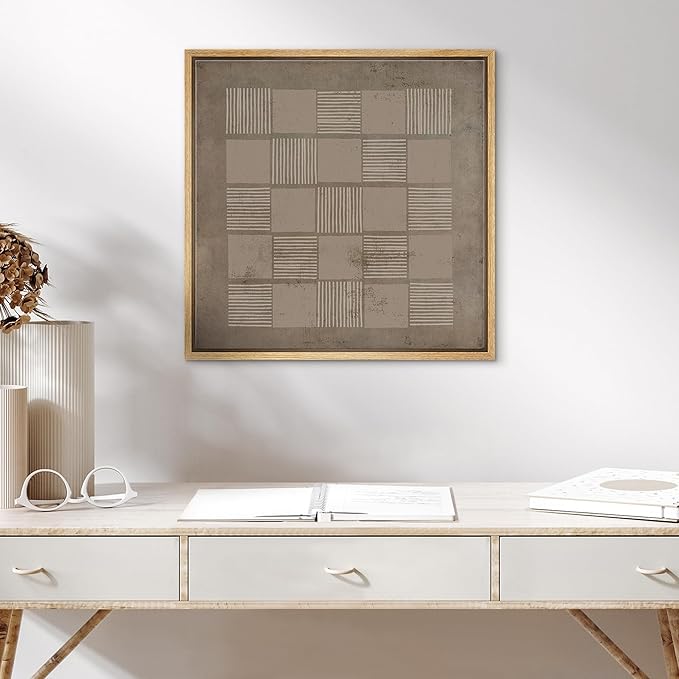 SIGNWIN Framed Canvas Print Wall Art Geometric Square Line Grunge Pattern Abstract Shapes Illustration Modern Art Decorative Boho Relax/Zen Nordic for Living Room, Bedroom, Office - 16"x16" Natural