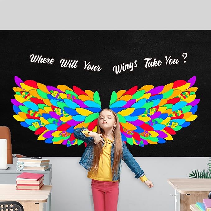 LioNergy 143 Pcs Classroom Wings Bulletin Board Set DIY Wings Motivational Bulletin Board Decoration Colorful Wings Paper Cutouts Theme for Wall Door Decor School Supplies