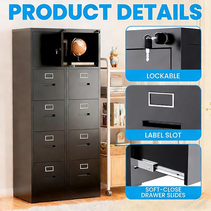 4 Drawer Filing Cabinet with Lock and Card Slot, Vertical Locking File Cabinet with Doors for Home Office, Small Metal File Cabinets for Legal Letter File Folders, Assembly Required