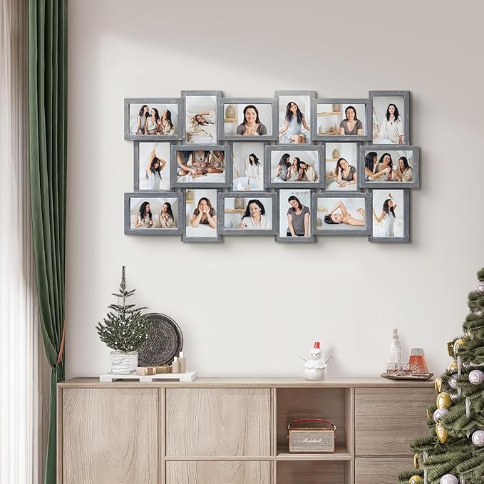 J.M.Deco Collage Picture Frames for Wall Decor, 18-Opening Reunion Family Friends Picture Frame Set, 4 x 6 Photo Frames Collage for Living Room Bedroom, Ashes
