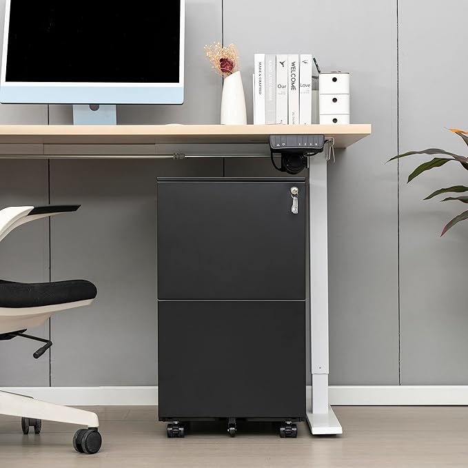 JULYFOX 2 Drawers Mobile File Cabinet W/Lock, 27.2 inch Black Steel Filing Cabinet on Casters with 2 Keys Fully Extension Drawers Letter Legal A4 Size 300 lb Heavy Duty-Black