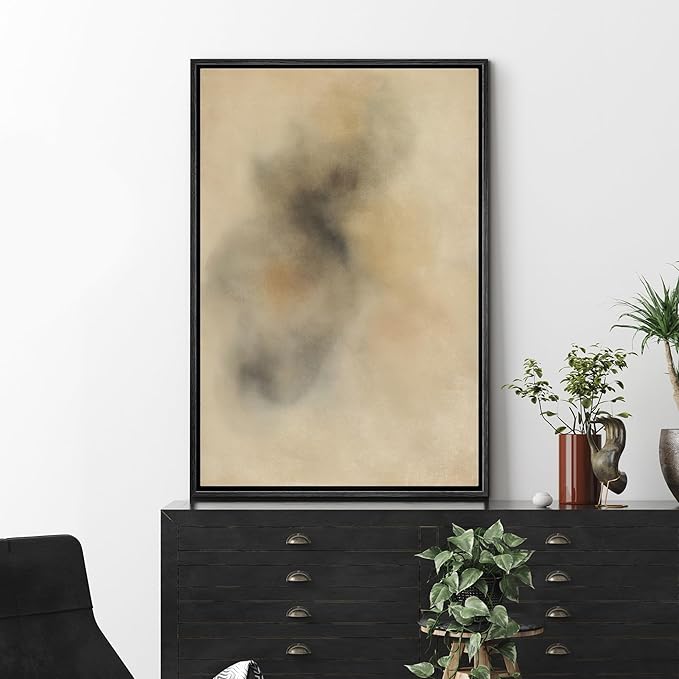 MUDECOR Framed Canvas Print Wall Art Soft Watercolor Texture Warm Beige and Brown Tones Illustrations Minimalism Decorative Relax Colorful for Living Room, Bedroom, Office - 24"x36" BLACK
