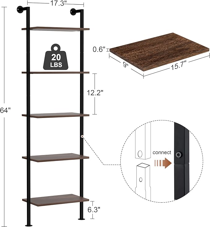 5-Tier Bookshelf - Solid Wood Narrow Ladder Shelf Set of 2, Wall Mount Bookcase for Living Room, Bedroom - Industrial Style, Dark Brown