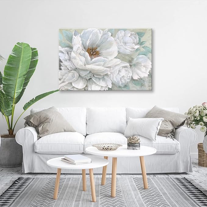 SEVEN WALL ARTS White Flower Canvas Wall Art Modern Blossom Floral Painting Large Abstract Pictures Landscape Print Framed Artwork for Living Room Bedroom Office Home Decor 36"x 24"