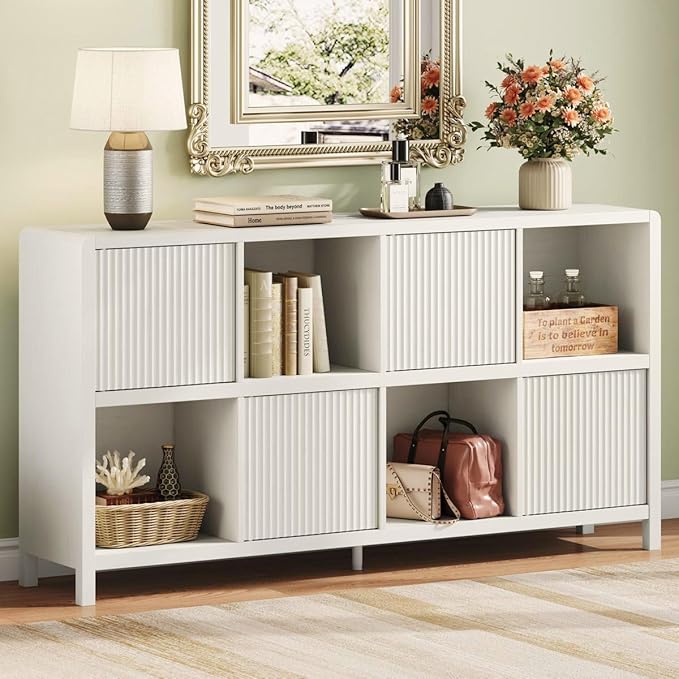 FATORRI Bookcase 8 Cube Storage Organizer, Horizontal Bookshelf with 4 Doors, Long Wooden Book Shelf for Living Room, Home Office (Antique White)