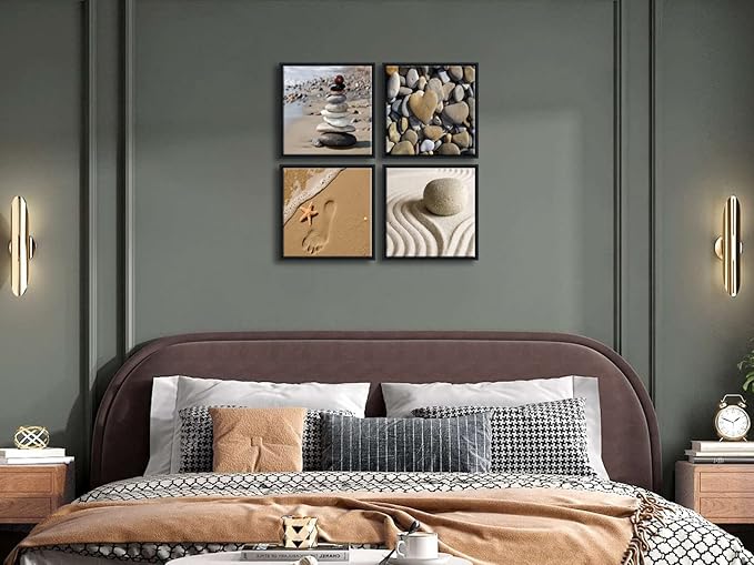 Wieco Art Framed Canvas Art Romantic Beach Theme 4 Panels Modern Artwork Sea Ocean Canvas Prints Contemporary Abstract Pictures on Canvas Wall Art for Living Room Decorations