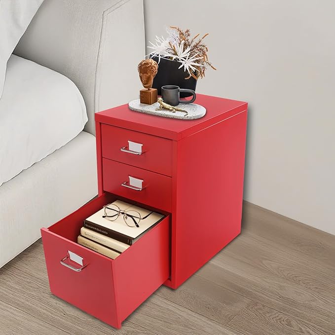 Filing Cabinet with 3 Drawers, Mobile Filing Cabinet with Practical Label Slot, 16 * 11 * 18.9 in Metal Storage Cabinet with Wheels for Home and Office (Red)
