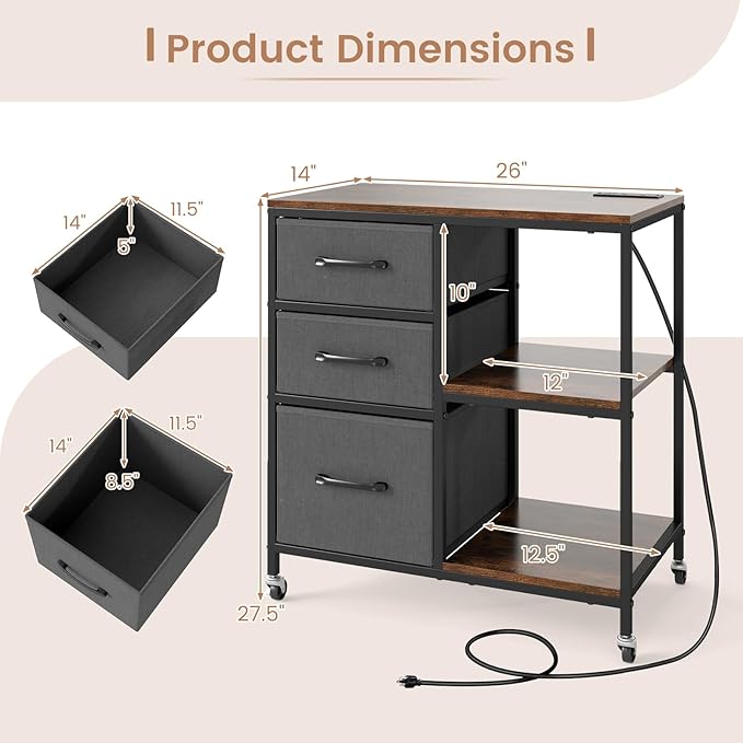 GOFLAME 3 Drawer Mobile File Cabinet with Charging Station, Rolling Printer Stand with Open Storage Shelves, Wooden Storage Cabinet on Wheels for Home Office (Rustic Brown and Gray)