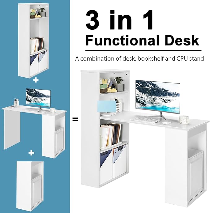 Tangkula White Computer Desk with Bookshelf, Writing Study Desk with Storage Shelves & CPU Stand, Modern Compact Computer Workstation for Home & Office, Space-Saving Design