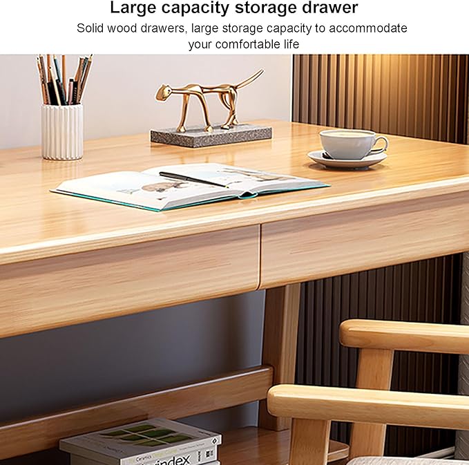SAZDFY Solid Wood Home Office Desk Workstation, Writing Desk with 2 Drawer and Shelves,Mid Century Modern Computer Desk PC Study Table for Small Spaces(120x60x75cm(47x24x29in), White1)