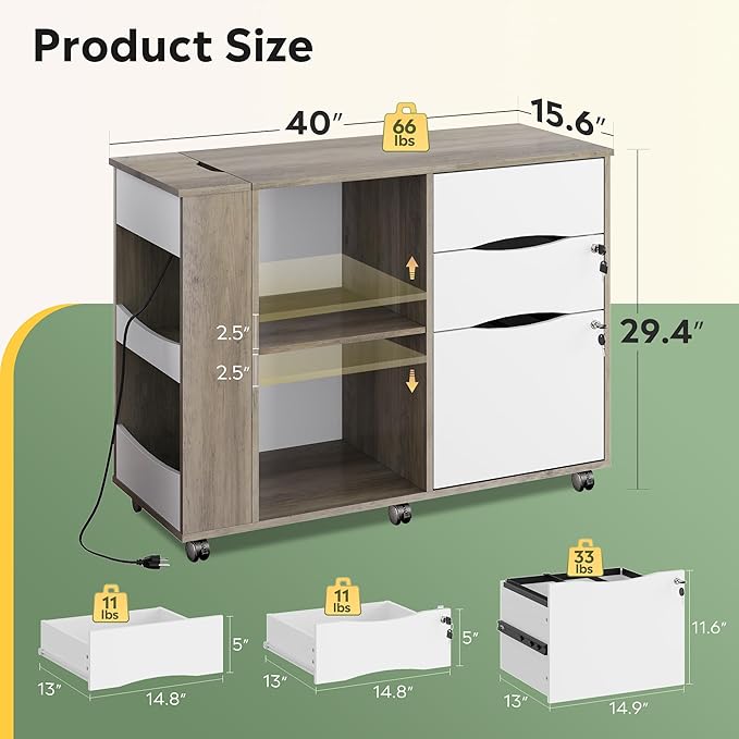 DEVAISE File Cabinet with Lock, 3 Drawer Rolling Mobile Lateral Filing Cabinets with Charging Station Printer Stand with Open Storage Shelves Fits A4 or Letter Size for Home Office Gray White