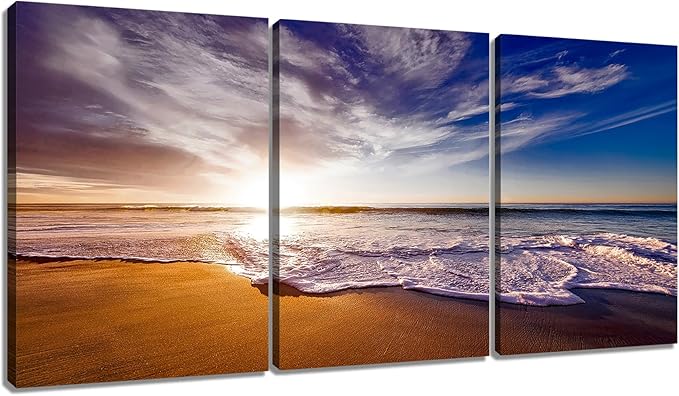 Landscape Wooden Framed Canvas Wall Art Beach Sunset Posters Print Summer Seascape Painting Artwork for Modern Home Living Room Dinning Room Hotel Picture Wall Decoration Ready to Hang [60''W x 28''H]