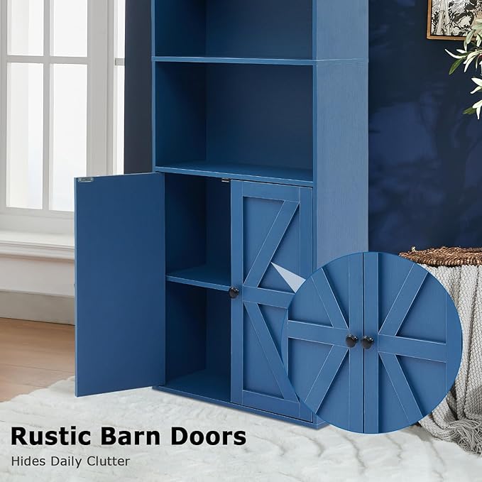 Bookshelves and Bookcases with Barn Doors Set of 2, Farmhouse Bookshelf with Display Shelves, Floor Standing 5-Tier Book Shelf with Storage Cabinet for Home Office, Living Room, Bedroom