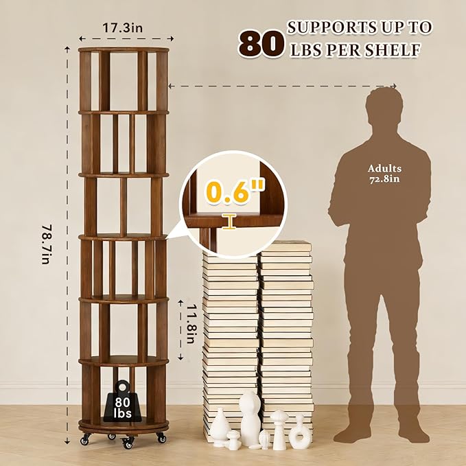 Rotating Bookshelf Towers Solid Wood Revolving Bookcase 6 Tier Tall Spinning Book Rack on Wheels Vertical Corner Book Organizer for Small Apartments, Bedrooms, Living Rooms, Reading Nooks, Hallways