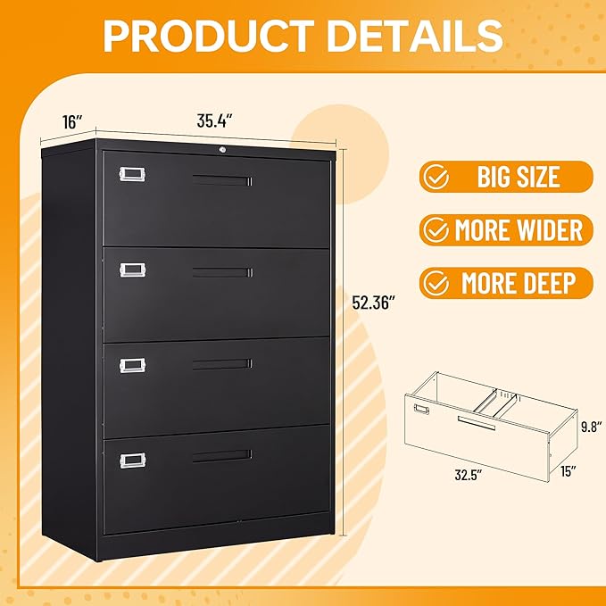 4 Drawer File Cabinet with Lock, 4 Drawer Steel Wide Filing Organization Storage Cabinets, Steel Lateral File Cabinet for Hanging Files Letter/Legal/F4/A4 Size,Assembly Required