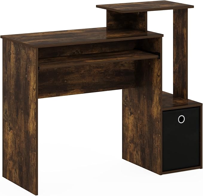 Furinno ECON Desk, Gaming Desk with Keyboard Tray, Computer Desk, Office Desk with Side Shelves and Storage Bin, 40-Inch, for Home Office, Study Room, Dorm, Amber Oak