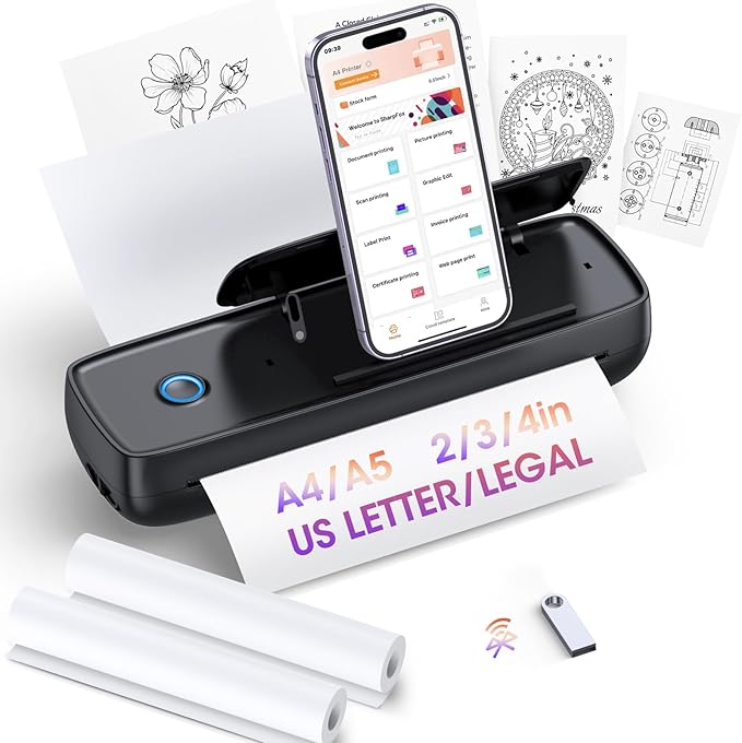 Aixiqee Portable Thermal Printer, Wireless & Bluetooth Mini Inkless Printer for Travel, Office, Home, Supports 8.5x11inch, Compatible with iPhone, Android, Laptop