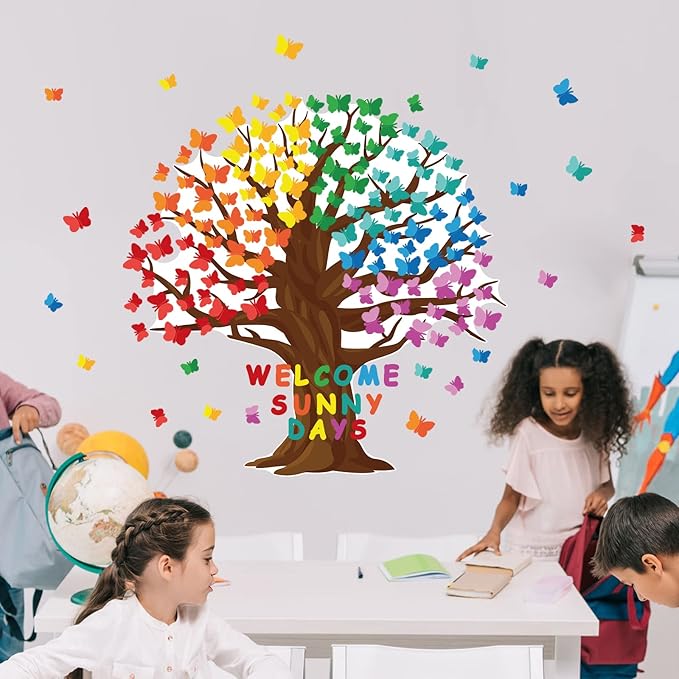 128 Pcs Butterfly Tree Bulletin Board Decorations Spring Classroom Bulletin Board Sets Welcome Sunny Days Back to School Cutouts for Wall Background Chalkboard Supplies