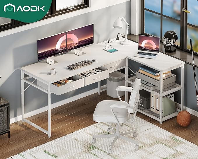 AODK 61 Inch L Shaped Computer Desk with Drawers, Corner Desk with Power Outlets & Reversible Storage Shelves, for Home Office Gaming, White