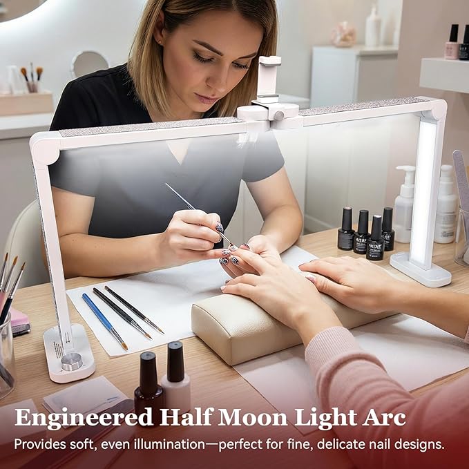 34in Nail Light for Desk Foldable Large Half Moon Lamp Suitable for Nail Tech Beauty Manicure Eyelash Extension Tattoo Eyebrows Crafts Stepless Brightness with 3 Color Modes Infinitely Knob