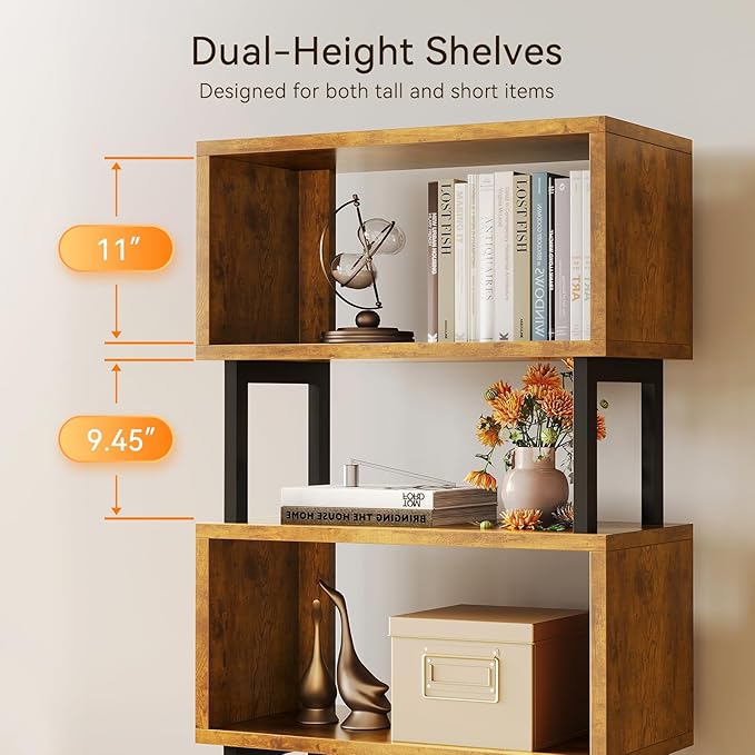 Casaottima 7 Tier BookShelf, Tall Geometric Bookcase with Fabric Drawers, Modern Display Book Shelves Book Case for Living Room Bedroom, Wood Decorative Standing Shelving Unit for Home Office, Vintage