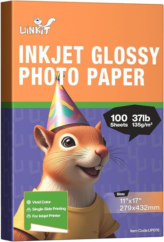 Uinkit 11x17 100 Sheets Photo Paper Glossy Inkjet 37lb Thin Single Side Print Poster Playbill Obituary Papers for Funerals Bulletin Gallery Show Photographic 11 x 17 Copy Printing A3 Value Packed