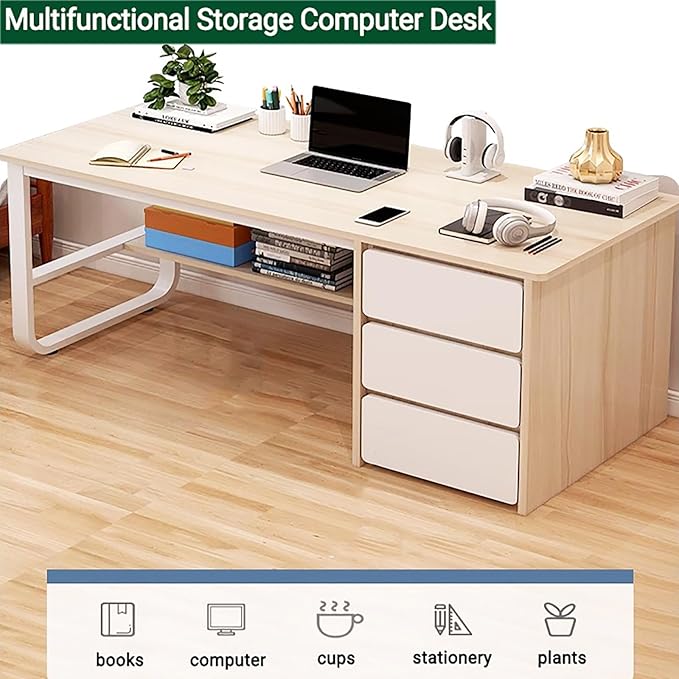 Computer Desk with Drawers & Storage Shelves,Modern Home Office Desk Study Desk Writing Desk for Bedroom,Wooden Corner Desk Small Pc Table with Metal Base(39.5" W x 19.5" D x 29" H, White)