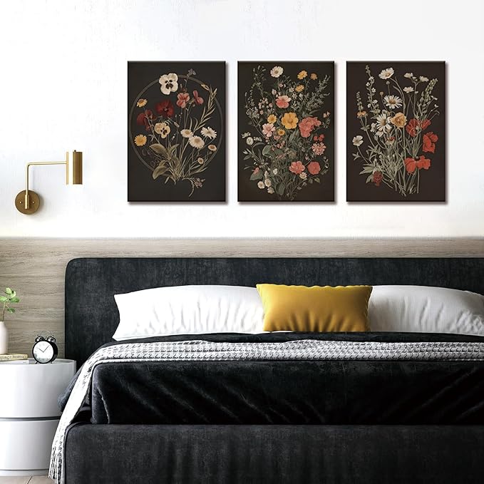 TUEASKY 3 Piece Canvas Wall Art Wildflower Wall Decor Botanical Pictures Floral Paintings Moody Framed Art Vintage Prints Dark Artwork