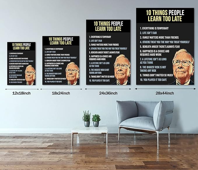 Warren Buffett Quotes Ten Things People Learn Too Late Motivational Office Wall Art Poster and Print Inspirational Home Wall Decoration Pictures Framed 28" Wx44 H
