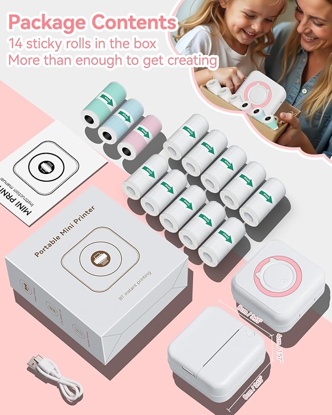 Aptika Sticker Printer - Mini Portable Printer with 14 Rolls Sticky Papers, Bluetooth Thermal Maker Machine for Students Children Birthday, Compatible with for iPhone/Android, Pink