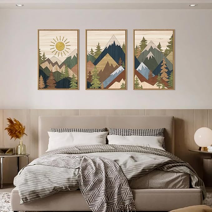 Large Abstract Mountain Woodcut Framed Canvas Wall Art,Vintage Pine Tree Wall Decor,Rustic Nature Forest Painting,Neutral Artwork for Living Room,Bedroom,Dining Room,Farmhouse -16"x24"x3