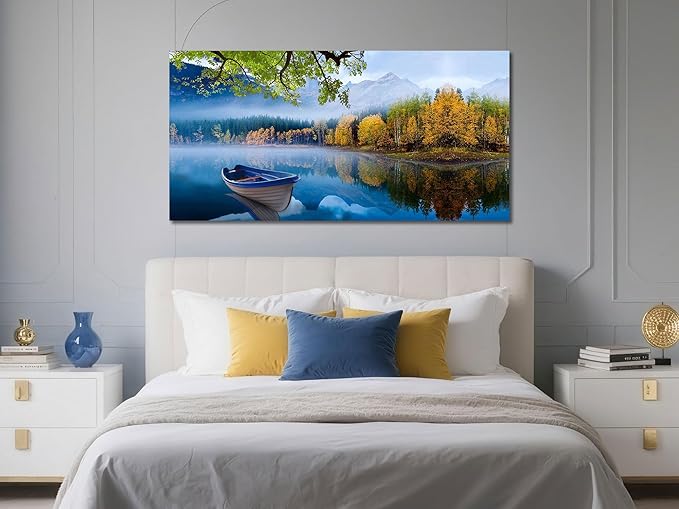 Arjun Landscape Wall Art for Living Room Lake Canvas Blue Picture Bedroom, Nature Boat Artwork Modern Nature Painting Framed Large Home Office Dining Room Wall Decor 48"x24"