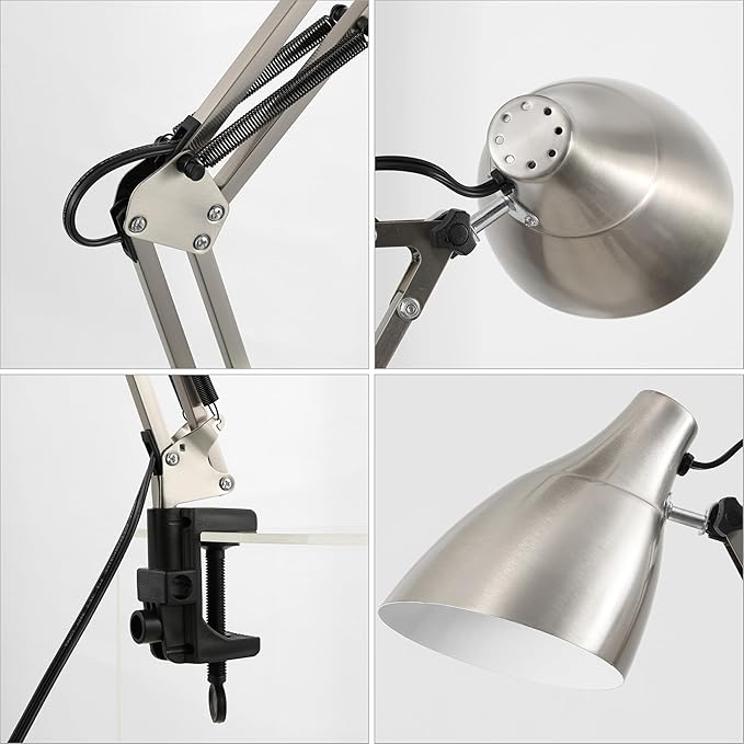 JONATHAN Y 28.5" Nickel Odile Industrial Adjustable Clamp-On LED Task Lamp with Metal Shade, Vintage Articulated Desk Lamp for Home Office Studio, LED Bulb Included (JYL7125B)