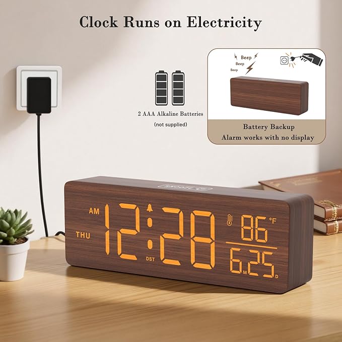 DreamSky Wooden Digital Alarm Clocks for Bedrooms – Large Display Desk Clock with Date & Day of Week for Living Room, Temperature, Dimmer, Adjustable Volume, Auto DST, Office Wood Décor (Plug-in)