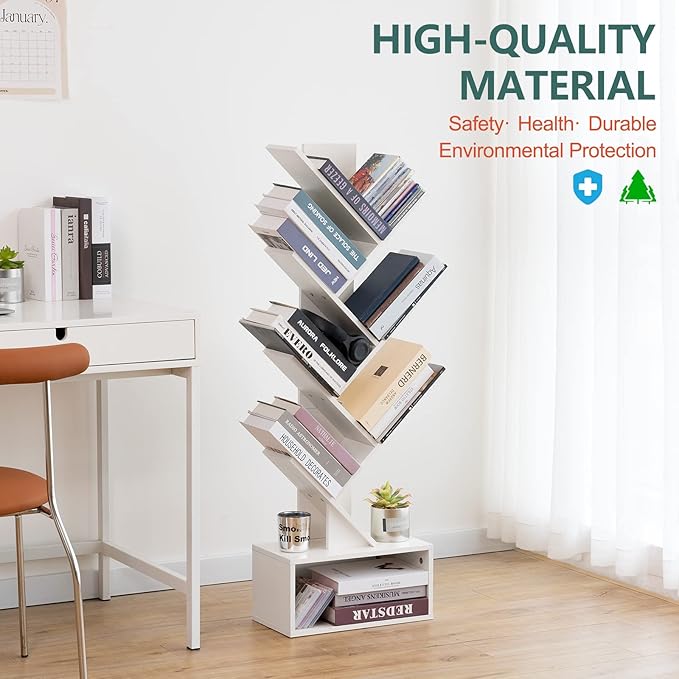 Yoobure Tree Bookshelf, 6 Tier Small Book Shelf Retro Floor Standing Bookcase, Wood Book Storage Organizer Rack, Tall Narrow Bookshelves for Corner/Bedroom/Living Room/Home Office, White