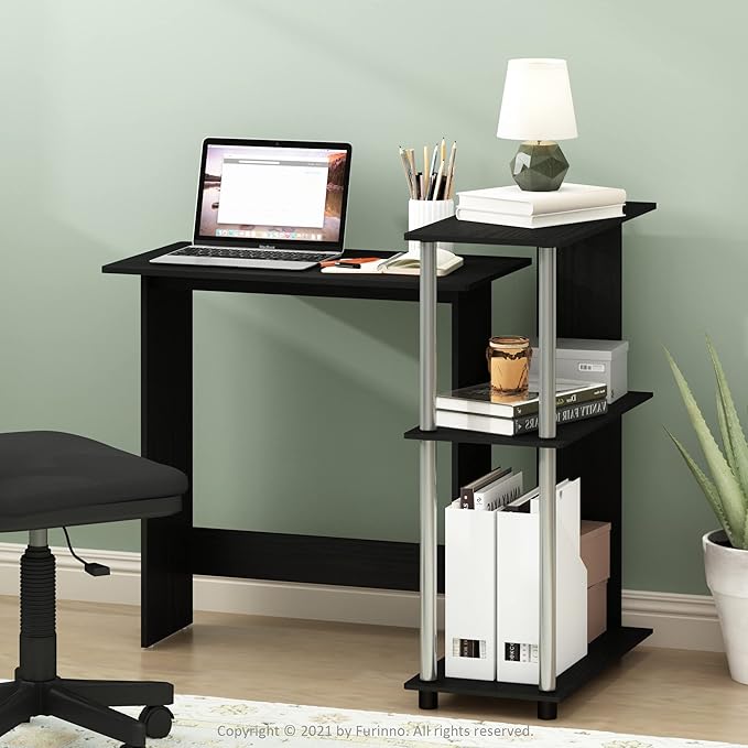 Furinno Abbott Corner Computer Desk with Bookshelf, Americano/Chrome