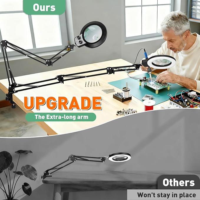12X & 30X Magnifying Glass with Light, 3 Section Long Arm LED Desk Lamp with Large Clamp, 3 Color and Brightness Magnifier Light and Stand for Sewing, Craft(12X&30X 35in Circular Knob Clamp)