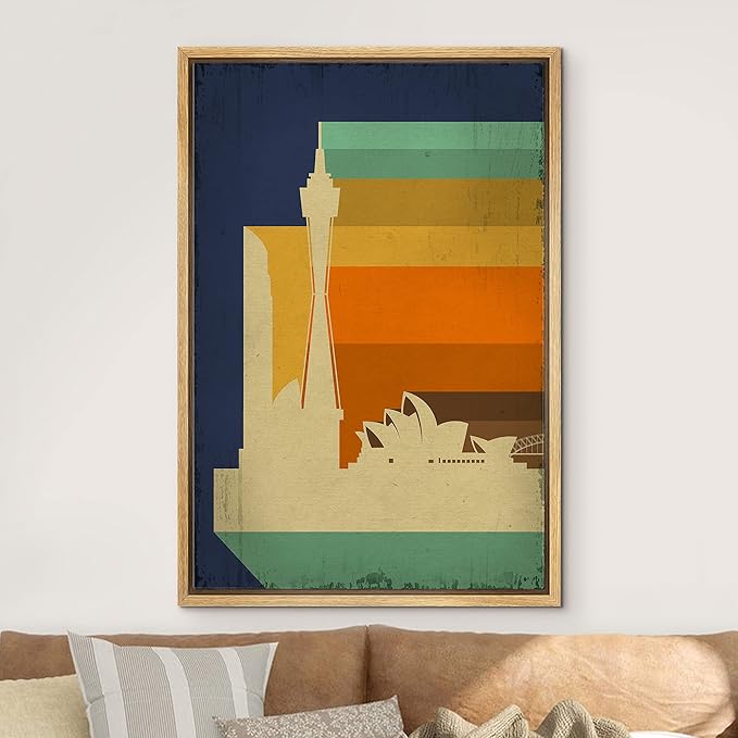IDEA4WALL Framed Canvas Print Wall Art Retro Vintage Sydney Australia Cultural Building Illustrations Modern Art Contemporary Scenic Warm for Living Room, Bedroom, Office - 16"x24" NATURAL