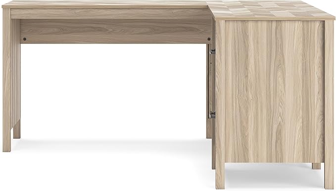 Signature Design by Ashley Battelle Casual L-Shaped Chevron Pattern 60" Home Office Desk with Return, Drawer and Cabinet, Light Brown