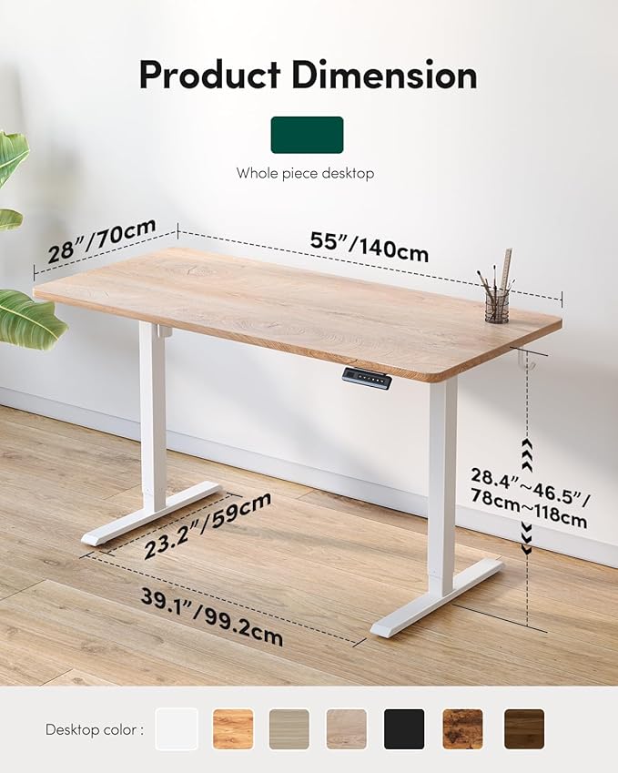 CubiCubi 55 x 24 Large One-Piece Standing Desk, Adjustable Height Electric Computer Home Office Sit Stand up Workstation, with 4 Memory Presets, Headphone Hook, Maple