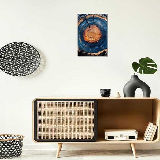 IBHJSART Framed Tree Ring Canvas Wall Art Blue Wall Art Wood Stump Painting Prints Modern Minimalist Pictures Neutral Nature Rustic Farmhouse Decor Living Room Bedroom Bathroom Office
