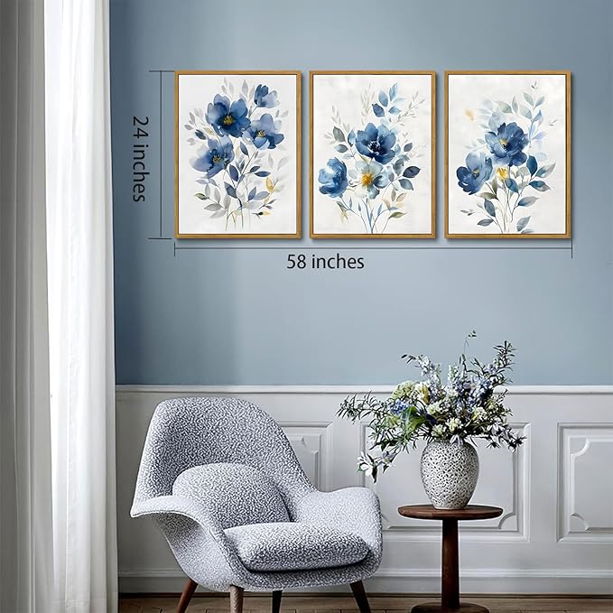 KISSFOX Framed Colorful Wildflower Blue Canvas Wall Art Set Of 3 Flowers Pictures Prints Flowers Printing Floral Watercolors Flower wall Decor Living Room Girls Bedroom Bathroom
