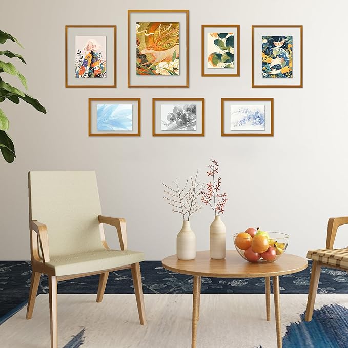 Golden State Art, 7 Pack Floating Frames for One 11x14, Two 8x10, and Four 5x7 Pictures. Aluminum Photos Frame for Wall Display (Bronze)
