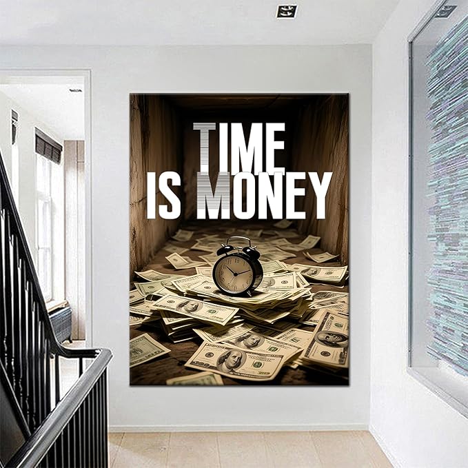 Motivational Wall Decor Time is Money Positive Canvas Poster Picture Inspirational Entrepreneur Quotes Painting Print for Modern Home Living Room Gym Office Framed Stretched and Framed [30''Wx 40''H]