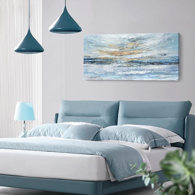 Abstract Wall Art for Living Room Large Framed Light Blue Canvas Print Coastal Theme Artwork Modern Ocean Skyline and Sunset & Sunrise in the Seaside Painting for Home Bedroom Décor 48x24inch