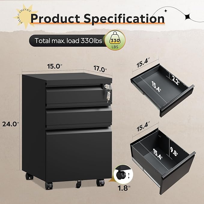 DEVAISE 3 Drawer File Cabinet, Metal Filing Cabinet with Lock, Under Desk Cabinet with Wheels for Home Office, Fits Legal/A4/Letter Size, Un-Assembled, Black